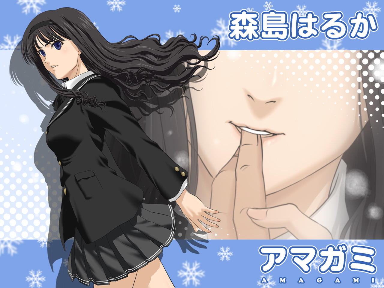 iga tomoteru, morishima haruka, amagami, 1girl, black hair, black skirt, blazer, blue eyes, close-up, jacket, long hair, long sleeves, looking at viewer, male hand, miniskirt, parted lips, pleated skirt, school uniform, skirt, solo focus, standing, teeth, very long hair