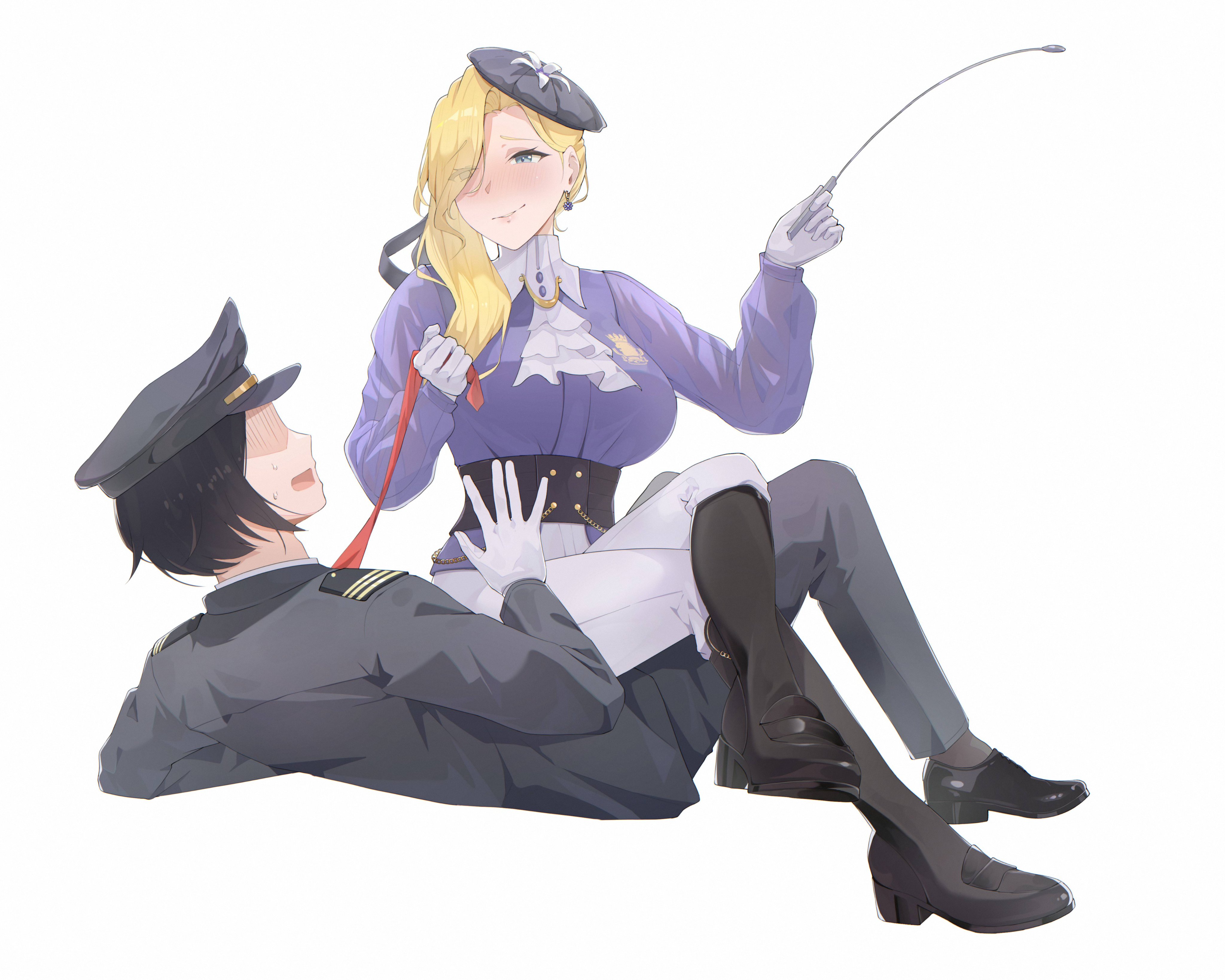 wyten, commander (azur lane), hood (azur lane), hood (gentlewoman and stallion) (azur lane), azur lane, absurdres, highres, 1boy, 1girl, ascot, assertive female, black boots, black jacket, black shoes, blonde hair, blue eyes, blue hat, blue jacket, blush, boots, breasts, clothes grab, crossed legs, earrings, epaulettes, flower, frilled ascot, frills, full body, gloves, hair over one eye, hair ribbon, hand up, hat, hat flower, holding, holding riding crop, jacket, jewelry, knee boots, large breasts, long hair, long sleeves, looking at another, military hat, military uniform, necktie, necktie grab, neckwear grab, official alternate costume, pants, pants tucked in, red necktie, ribbon, riding boots, riding crop, riding outfit, royal navy emblem (azur lane), shoes, short hair, simple background, sitting, sitting on person, smile, tilted headwear, white background, white gloves, white pants