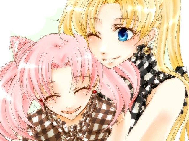 rukaruca, chibi usa, tsukino usagi, bishoujo senshi sailor moon, plaid, 1990s (style), age difference, blonde hair, child, cone hair bun, earrings, hair bun, hug, jewelry, mother and daughter, one eye closed, pink hair, retro artstyle, smile, wink