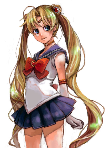 pisuke, sailor moon, tsukino usagi, bishoujo senshi sailor moon, 1990s (style), 1girl, arms behind back, blonde hair, blue eyes, blue sailor collar, blue skirt, bow, choker, female focus, long hair, magical girl, red bow, retro artstyle, sailor collar, skirt, solo, twintails, very long hair