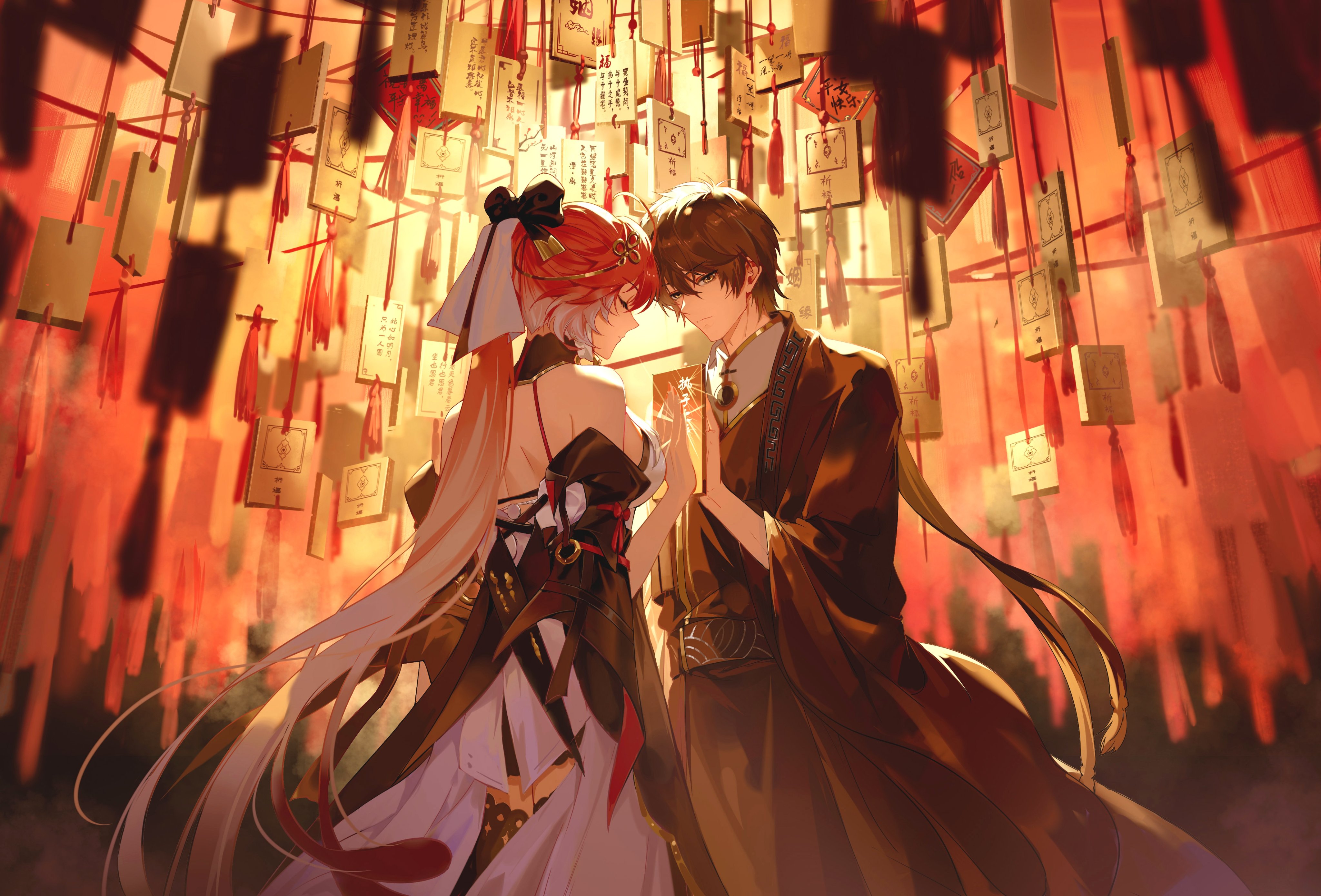 ruoruoqiu, changli (wuthering waves), male rover (wuthering waves), rover (wuthering waves), wuthering waves, absurdres, commentary, english commentary, highres, 1boy, 1girl, alternate costume, bare shoulders, black bow, black collar, black hair, black hanfu, black jacket, bow, breasts, chinese clothes, closed eyes, closed mouth, collar, dress, feather hair, hair between eyes, hair bow, hair ornament, hanfu, jacket, long hair, medium breasts, multicolored hair, pink hair, ponytail, two-tone hair, very long hair, white dress, white hair, yellow eyes