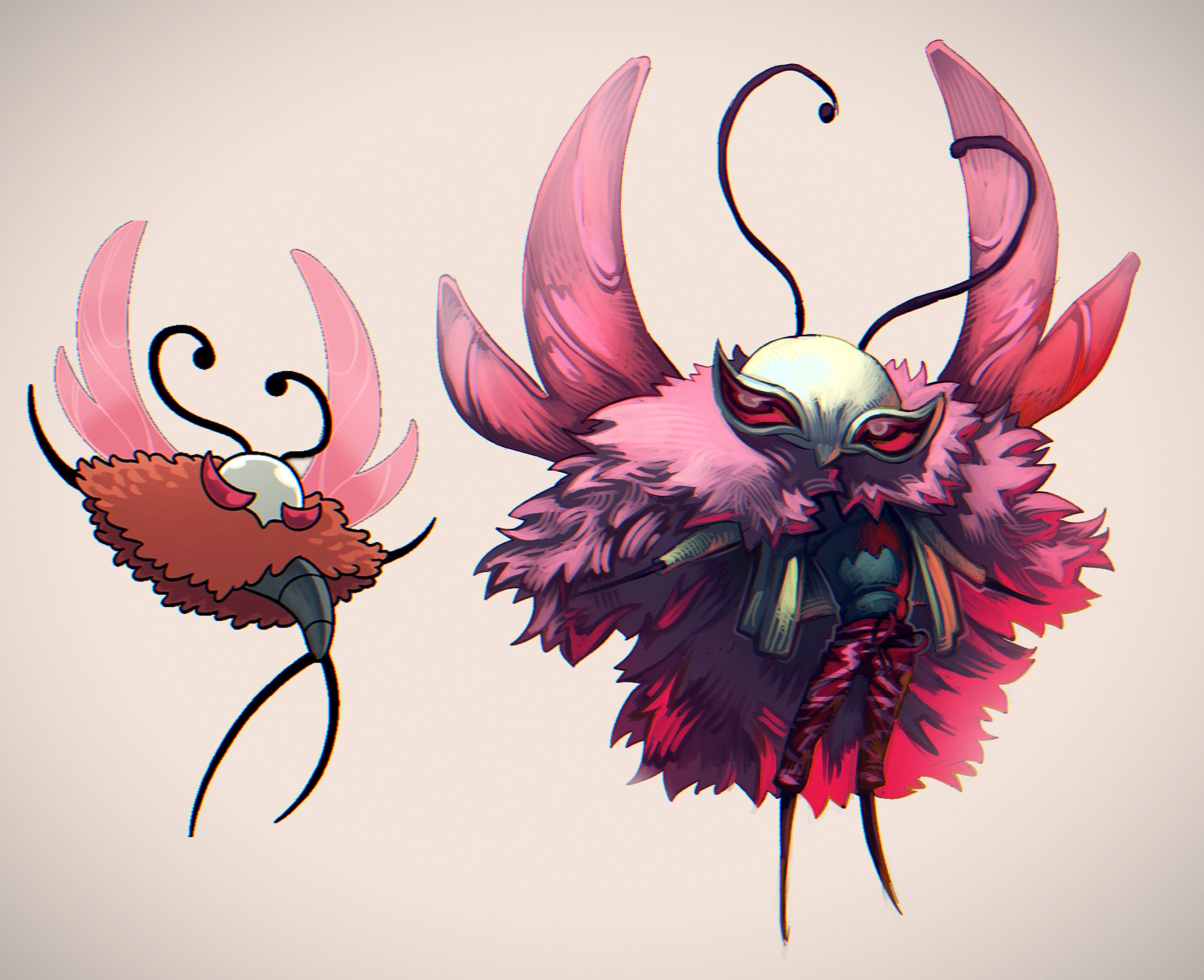 mememellowa, donquixote doflamingo, hollow knight, hollow knight: silksong, one piece, highres, antennae, arthropod boy, coat, coat on shoulders, cosplay, donquixote doflamingo (cosplay), feather coat, full body, heart antennae, jacket, outstretched arms, pants, pink coat, red pants, reference inset, spread arms, standing, trobbio (hollow knight), white background