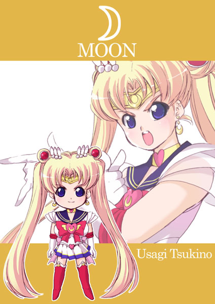 tessai, sailor moon, super sailor moon, tsukino usagi, bishoujo senshi sailor moon, bishoujo senshi sailor moon supers, bad id, bad pixiv id, 1990s (style), 2girls, blonde hair, blue eyes, blue sailor collar, boots, bow, brooch, character name, chibi, choker, circlet, double bun, dual persona, earrings, gloves, hair bun, hair ornament, hairclip, heart, heart brooch, jewelry, knee boots, long hair, magical girl, multicolored skirt, multiple girls, red bow, retro artstyle, sailor collar, skirt, smile, twintails, white gloves
