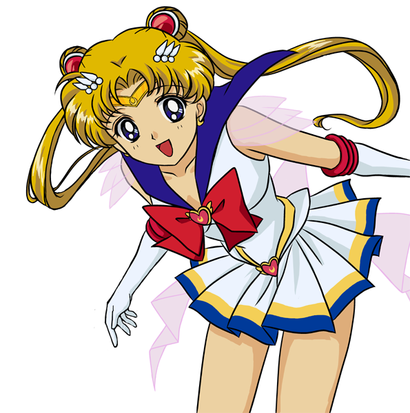 hamutarou, sailor moon, super sailor moon, tsukino usagi, bishoujo senshi sailor moon, bishoujo senshi sailor moon supers, derivative work, vector trace, 1990s (style), 1girl, blonde hair, blue eyes, blue sailor collar, bow, brooch, circlet, double bun, female focus, gloves, hair bun, hair ornament, hairclip, heart, heart brooch, jewelry, long hair, multicolored skirt, red bow, retro artstyle, sailor collar, simple background, skirt, smile, solo, tiara, twintails, white gloves