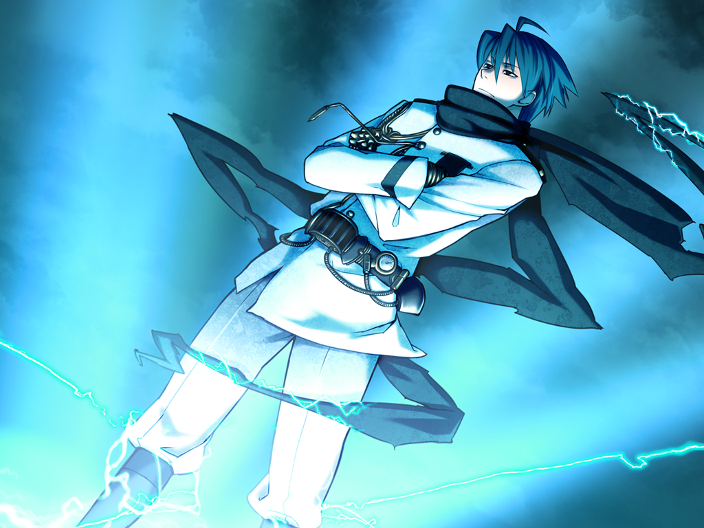 kome (vm500), ourai no gahkthun, steampunk (liarsoft), game cg, non-web source, official art, ahoge, belt, blue hair, boots, clock, crossed arms, expressionless, gloves, green eyes, knee boots, lightning, male focus, mechanical gloves, military, military uniform, naval uniform, nikola tesla (ourai no gahkthun), pants, scarf, solo