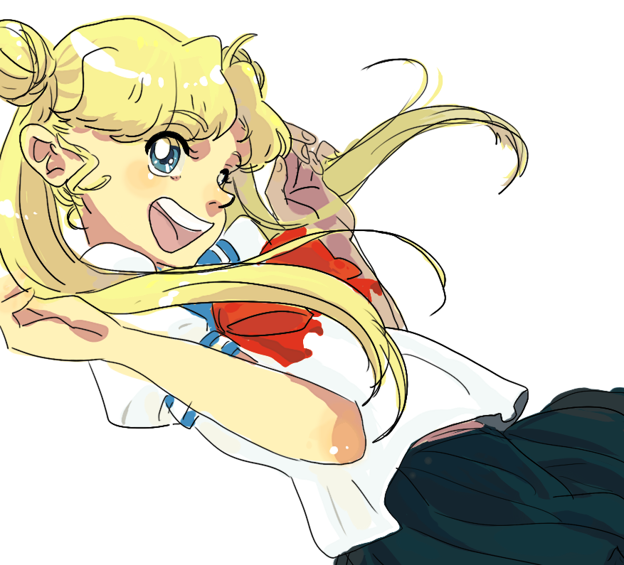 kamerow, tsukino usagi, bishoujo senshi sailor moon, bad id, bad pixiv id, 1990s (style), 1girl, blonde hair, blue eyes, blue sailor collar, bow, female focus, red bow, retro artstyle, sailor collar, school uniform, serafuku, smile, solo, twintails