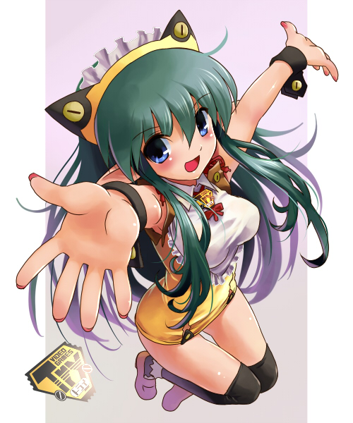 katahira masashi, original, 1girl, animal ears, black thighhighs, blue eyes, cat ears, female focus, full body, green hair, long hair, outstretched arms, outstretched hand, pointy ears, solo, spread arms, thighhighs, wrist cuffs, zettai ryouiki