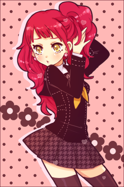 pinkmm, kujikawa rise, atlus, persona, persona 4, bad id, bad pixiv id, 1girl, adjusting hair, earrings, female focus, jewelry, pink hair, school uniform, serafuku, skirt, solo, standing, thighhighs, yellow eyes