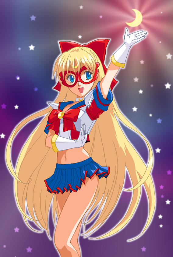 ooyama (o-yama), aino minako, oyama, sailor v, sailor v (character), bishoujo senshi sailor moon, 1990s (style), 1girl, blonde hair, blue eyes, blue sailor collar, bow, choker, crescent, crescent facial mark, crescent moon, crop top, crop top overhang, facial mark, female focus, glasses, gloves, hair bow, long hair, magical girl, midriff, moon, rainbow background, red bow, retro artstyle, sailor collar, skirt, solo, star (symbol), very long hair, white gloves
