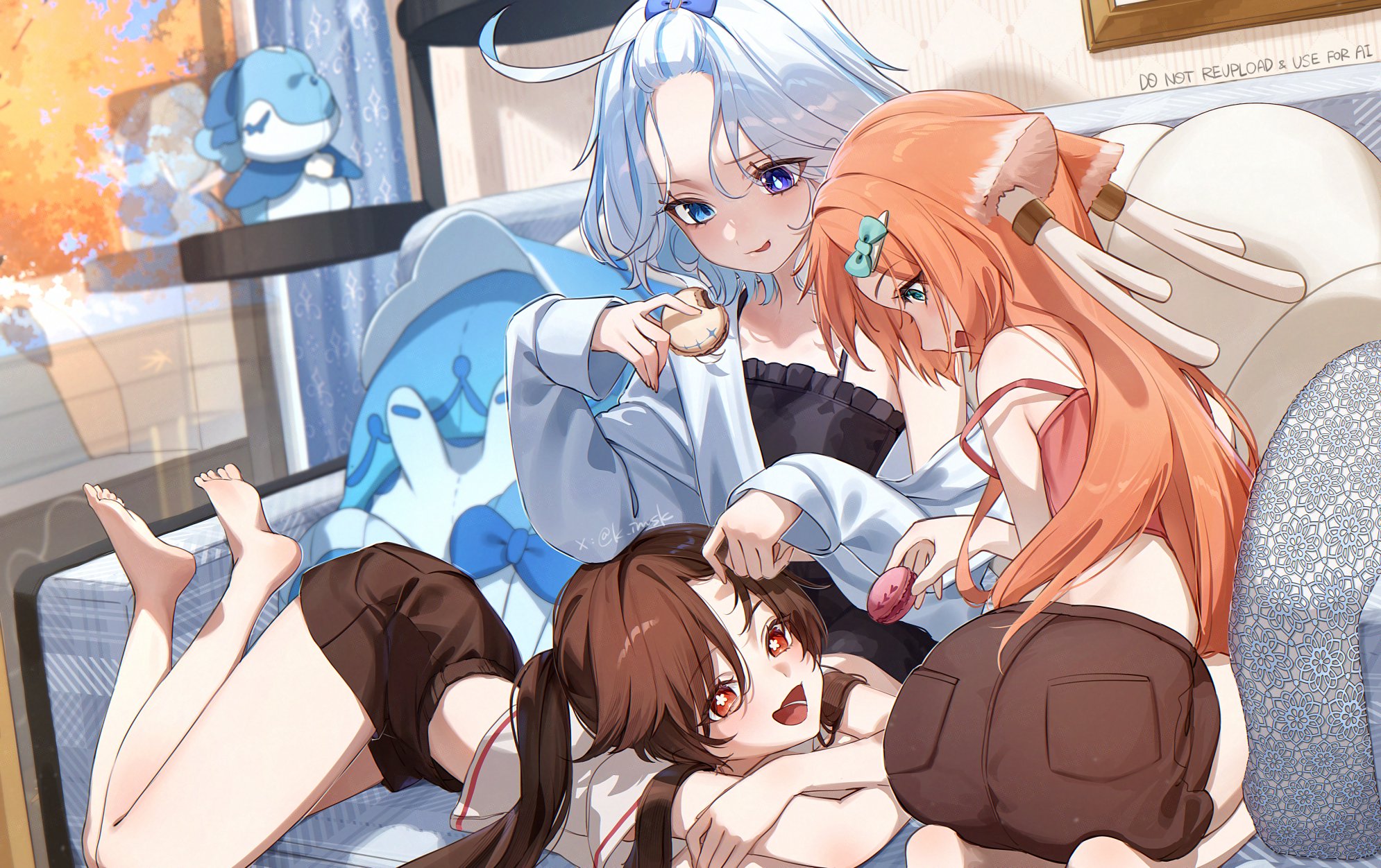imasaki kei, furina (genshin impact), hu tao (genshin impact), yanfei (genshin impact), genshin impact, highres, 3girls, alternate costume, alternate hairstyle, antlers, barefoot, blue eyes, blue hair, bright pupils, brown hair, brown shoes, couch, deer antlers, drop-shaped pupils, flower-shaped pupils, forehead, heterochromia, horns, indoors, looking at another, mismatched pupils, multiple girls, on couch, parted lips, pink hair, red eyes, shoes, symbol-shaped pupils, white pupils