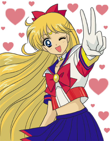 hamutarou, aino minako, sailor v, sailor v (character), bishoujo senshi sailor moon, 1990s (style), 1girl, blonde hair, blue eyes, blue sailor collar, bow, choker, crescent, crescent facial mark, facial mark, female focus, gloves, hair bow, half updo, heart, heart background, long hair, magical girl, midriff, one eye closed, red bow, retro artstyle, sailor collar, skirt, solo, v, very long hair, white gloves, wink
