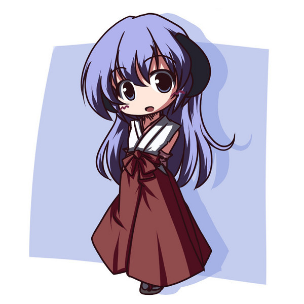 fictional sister, hanyuu, higurashi no naku koro ni, 00s, 1girl, chibi, female focus, hakama, hakama skirt, horns, japanese clothes, red hakama, skirt, solo