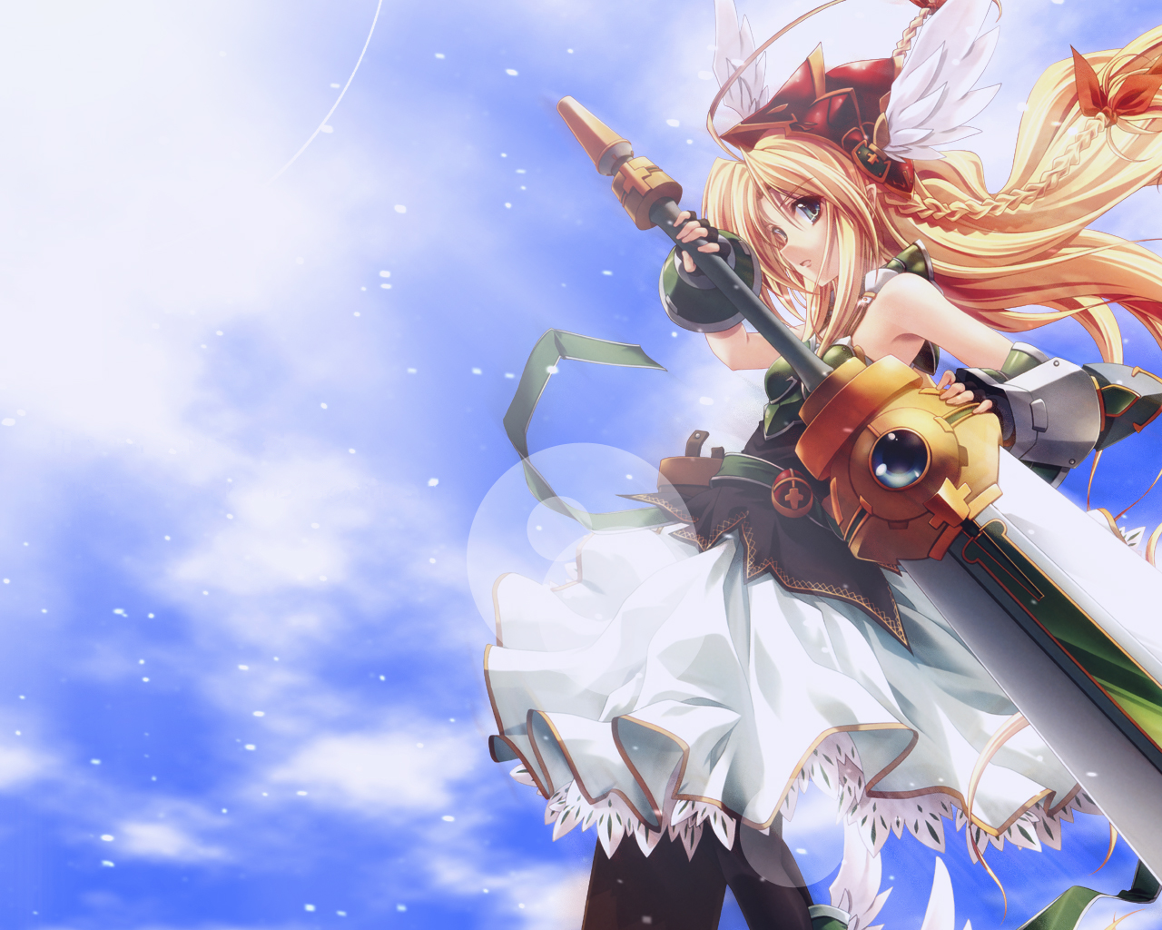 miyama-zero, 1girl, armor, armored dress, blonde hair, braid, dress, female focus, green eyes, head wings, helmet, long hair, solo, sword, twin braids, valkyrie, weapon, wings
