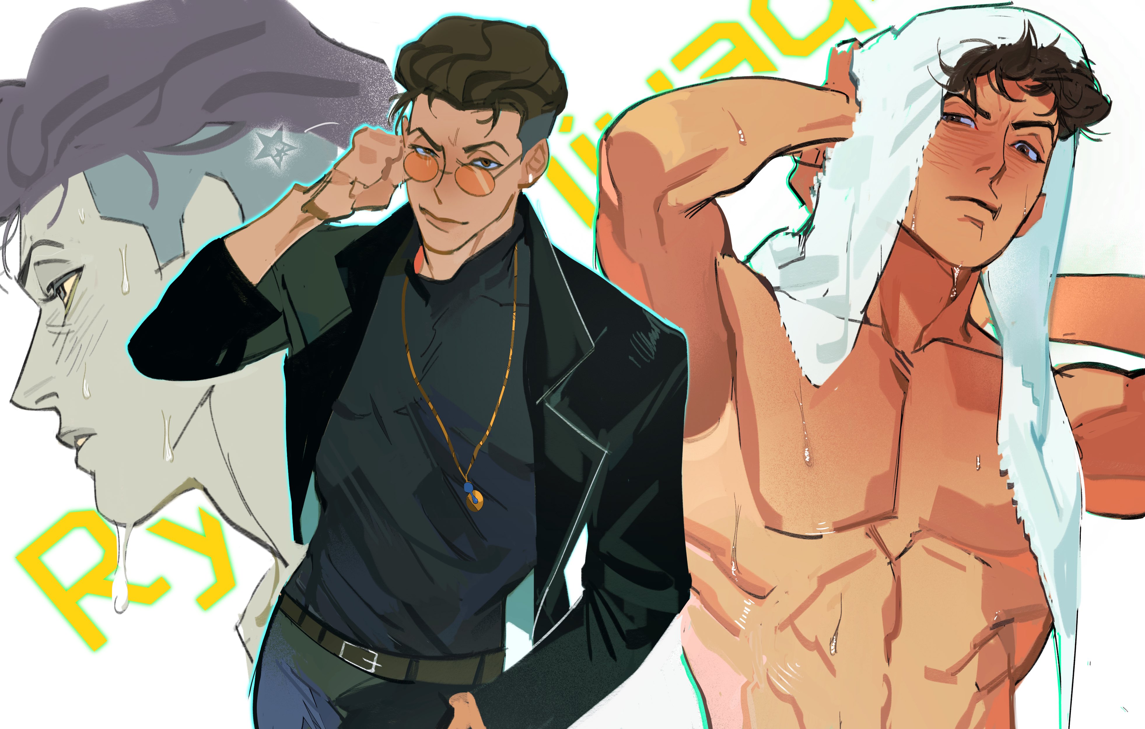 blue octopus12, miyagi ryouta, slam dunk (series), absurdres, hashtag-only commentary, highres, 1boy, belt, black jacket, brown belt, brown hair, grey pants, jacket, jewelry, male focus, multiple views, necklace, pants, pectorals, round eyewear, short hair, toned, toned male, topless male, towel, towel on head