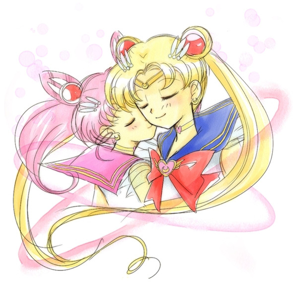 miisuke (pinksugar), chibi usa, sailor chibi moon, sailor moon, super sailor chibi moon, super sailor moon, tsukino usagi, bishoujo senshi sailor moon, bishoujo senshi sailor moon supers, bad id, 1990s (style), 2girls, age difference, blonde hair, blue sailor collar, bow, brooch, bun cover, child, choker, closed eyes, cone hair bun, double bun, hair bun, hair ornament, hairclip, heart, heart brooch, jewelry, magical girl, mother and daughter, multiple girls, pink hair, red bow, retro artstyle, sailor collar, twintails