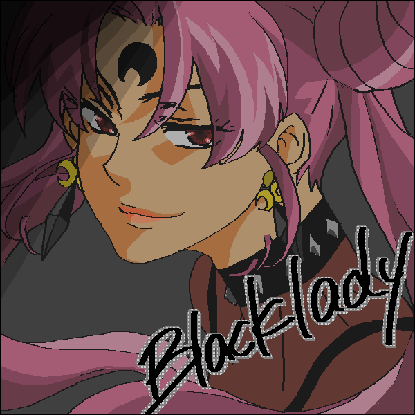 black lady (sailor moon), chibi usa, bishoujo senshi sailor moon, bishoujo senshi sailor moon r, bad id, bad pixiv id, 1990s (style), 1girl, aged up, character name, choker, collar, cone hair bun, crescent, crescent facial mark, earrings, facial mark, female focus, forehead mark, hair bun, jewelry, lipstick, makeup, oekaki, pink hair, red eyes, retro artstyle, solo