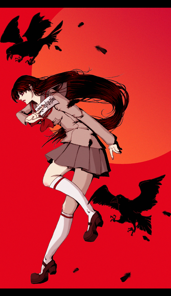 phobos, shigatsu ichi nichi, deimos, deimos (sailor moon), hino rei, phobos (sailor moon), bishoujo senshi sailor moon, bad id, bad pixiv id, 1990s (style), 1girl, bird, black hair, crow, earrings, female focus, jewelry, lipstick, long hair, makeup, mary janes, ofuda, red background, retro artstyle, school uniform, scroll, serafuku, shoes, skirt, socks, solo