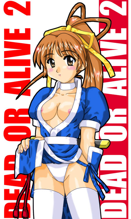 kasumi (doa), dead or alive, tecmo, non-web source, 1girl, breasts, brown eyes, brown hair, cleavage, female focus, nipple slip, nipples, panties, pelvic curtain, ponytail, solo, thighhighs, underwear