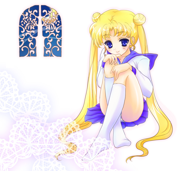 konomi (kino konomi), tsukino usagi, bishoujo senshi sailor moon, bad id, bad pixiv id, 1990s (style), 1girl, blonde hair, blue eyes, blue sailor collar, female focus, long hair, retro artstyle, sailor collar, school uniform, serafuku, socks, solo, very long hair