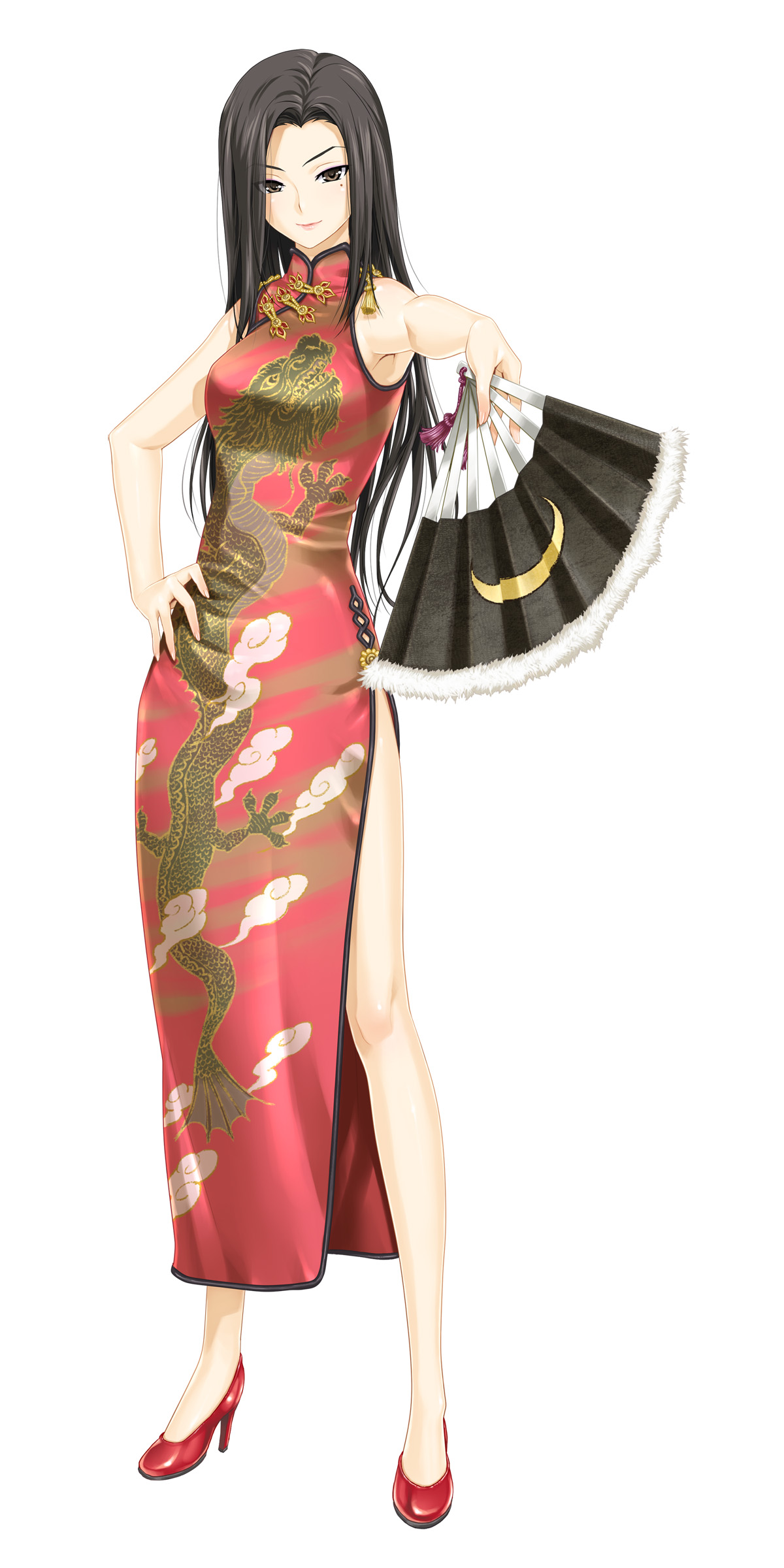 happoubi jin, getsurei ryu, zettai shougeki, absurdres, highres, non-web source, 00s, 1girl, black hair, china dress, chinese clothes, crescent, crescent moon, dragon, dress, female focus, folding fan, hand fan, high heels, holding, holding fan, moon, shoes, solo