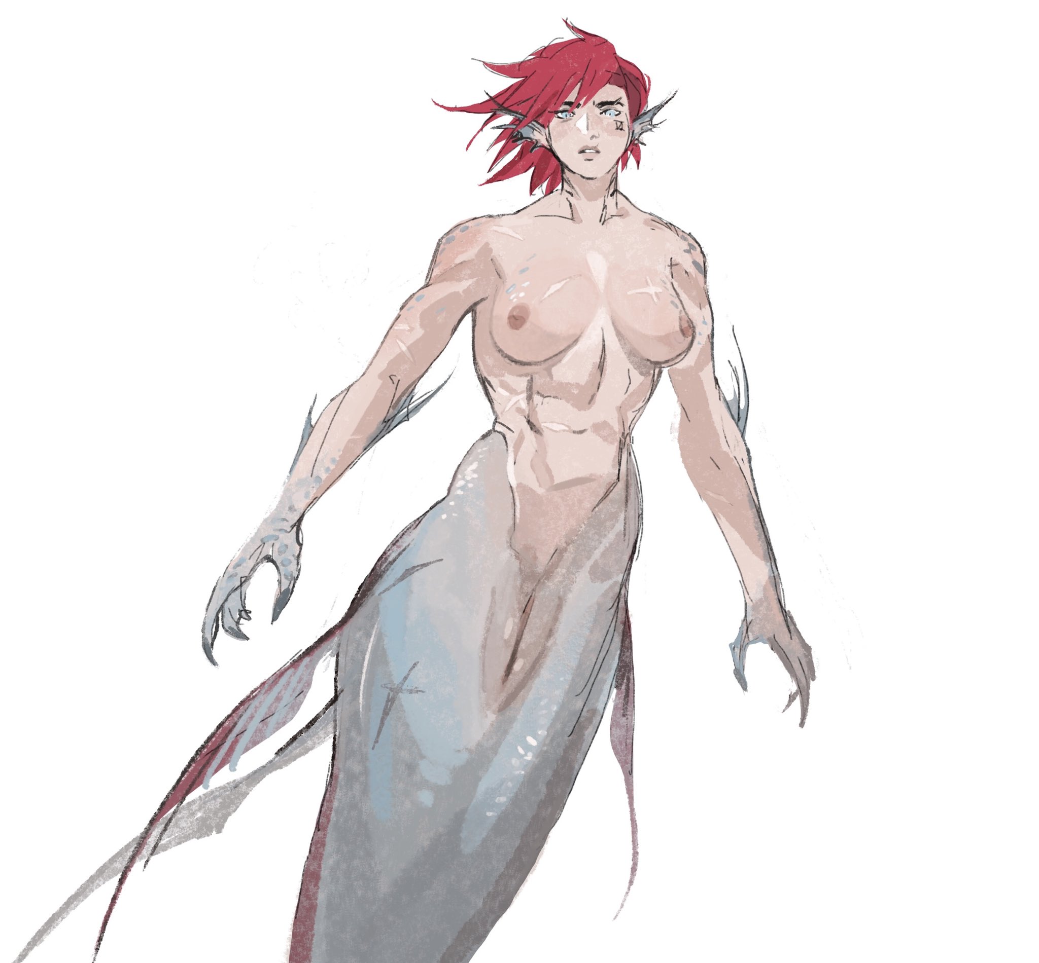 runhorserun, arcane vi, vi (league of legends), arcane: league of legends, league of legends, highres, 1girl, alternate form, facial tattoo, fins, grey eyes, head fins, mermaid, monster girl, monsterification, parted lips, pink lips, pussy, red hair, scales, scar, scar on breasts, scar on chest, short hair, simple background, solo, stomach, tattoo, uncensored, undercut, white background