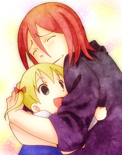 maka albarn, spirit albarn, soul eater, lowres, non-web source, 00s, age difference, aged down, father and daughter, happy, hug, twintails