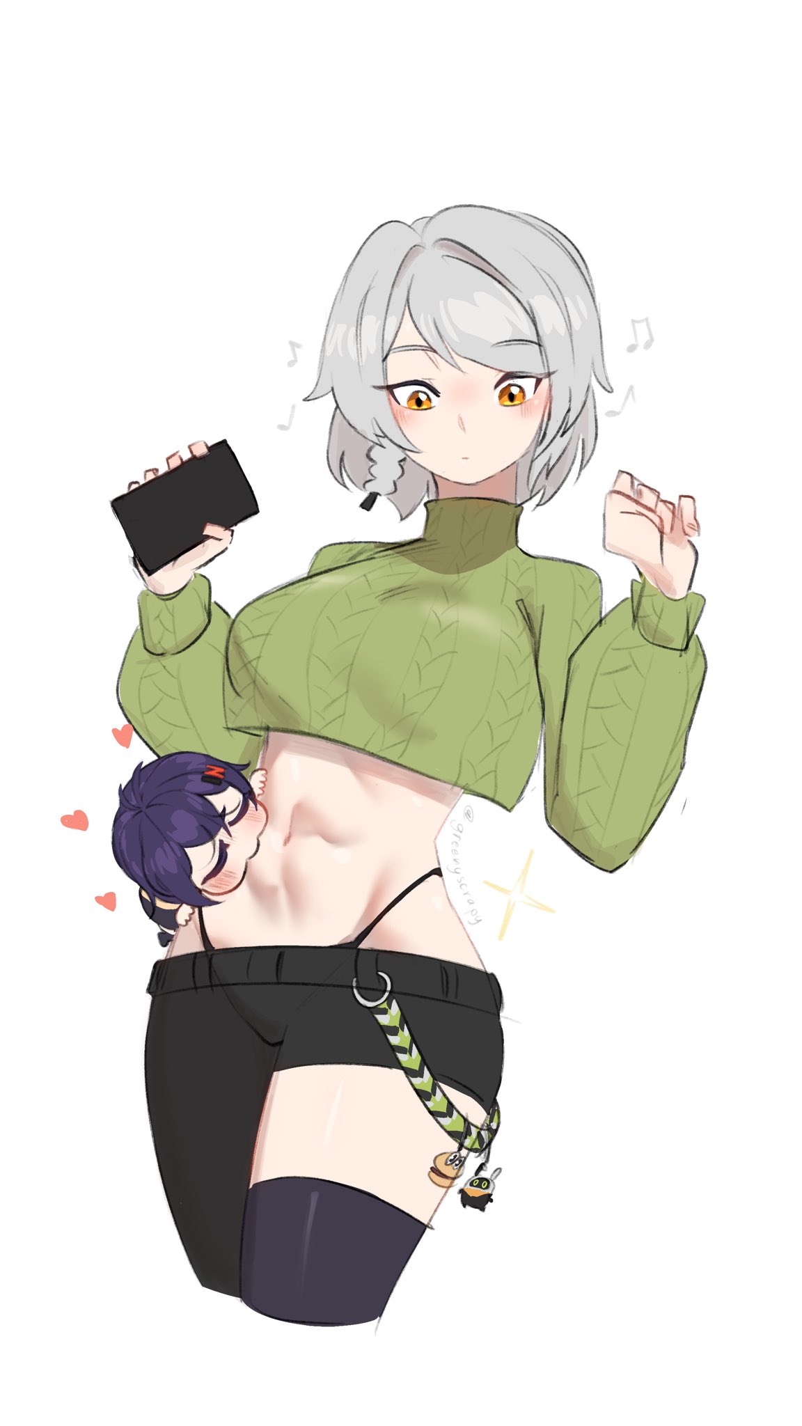 scrapy (greenyscrapy), anby demara, bangboo (zenless zone zero), belle (zenless zone zero), zenless zone zero, highres, 2girls, abs, arms up, black pants, blue hair, blush, braid, braided sidelocks, burger, charm (object), closed eyes, closed mouth, food, green sweater, grey hair, hair ornament, heart, holding, holding phone, letter hair ornament, looking at another, midriff, multiple girls, musical note, navel, orange eyes, panties, pants, phone, single thighhigh, sparkle, stomach, string panties, sweater, thighhighs, underwear, white background