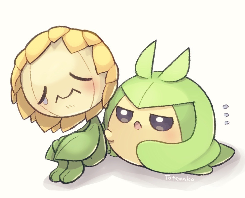 totennko, sunflora, swadloon, nintendo, pokemon, artist name, blush, closed eyes, gen 2 pokemon, gen 5 pokemon, looking at another, no humans, open mouth, pokemon (creature), signature, simple background, sitting, tearing up, white background