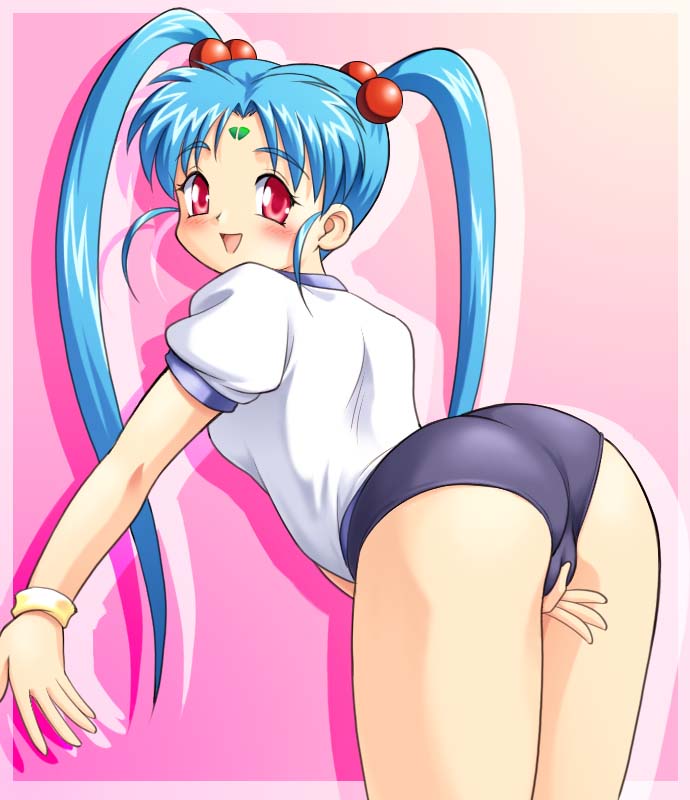 tanuki gakuen, kawai sasami, masaki sasami jurai, pretty sammy, tenchi muyou!, 1990s (style), ass, blue buruma, blue hair, blush, buruma, gym uniform, loli, looking at viewer, looking back, masturbation, masturbation through clothes, open mouth, red eyes, retro artstyle, smile, twintails