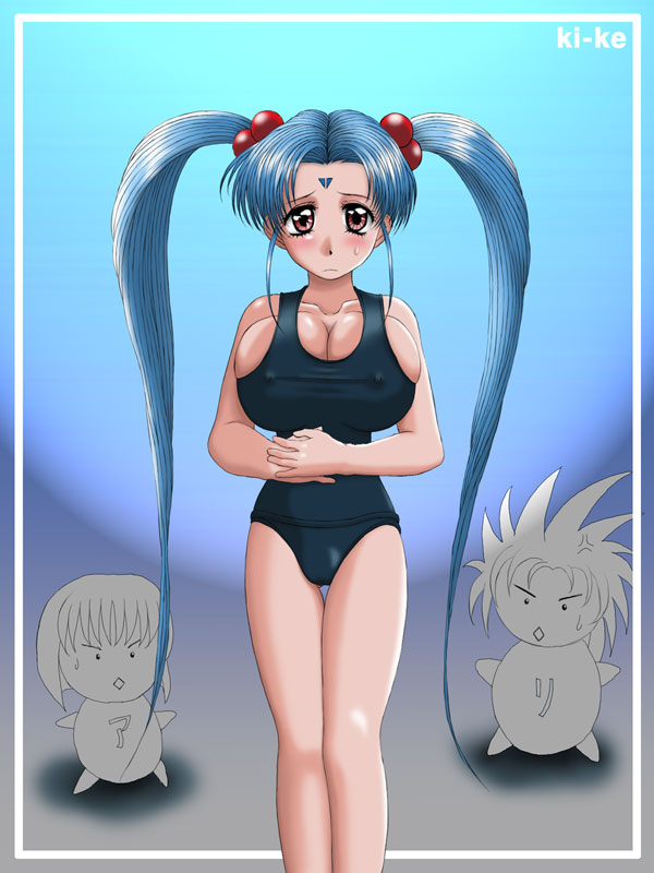 envy, masaki aeka jurai, masaki sasami jurai, ryouko (tenchi muyou!), tenchi muyou!, 3girls, aged up, anger vein, blue hair, breasts, bursting breasts, cleavage, covered erect nipples, facial mark, female focus, forehead mark, large breasts, multiple girls, sad, sweatdrop, swimsuit, teardrop, twintails