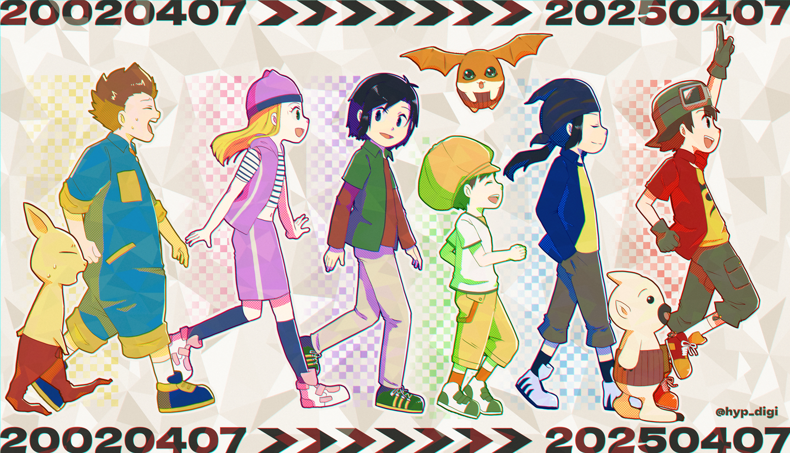 bokomon, himi tomoki, kanbara takuya, kimura kouichi, minamoto kouji, neamon, orimoto izumi, patamon, shibayama junpei, digimon, digimon frontier, 1girl, 5boys, hat, jacket, multiple boys, pixiv user (112311781)
