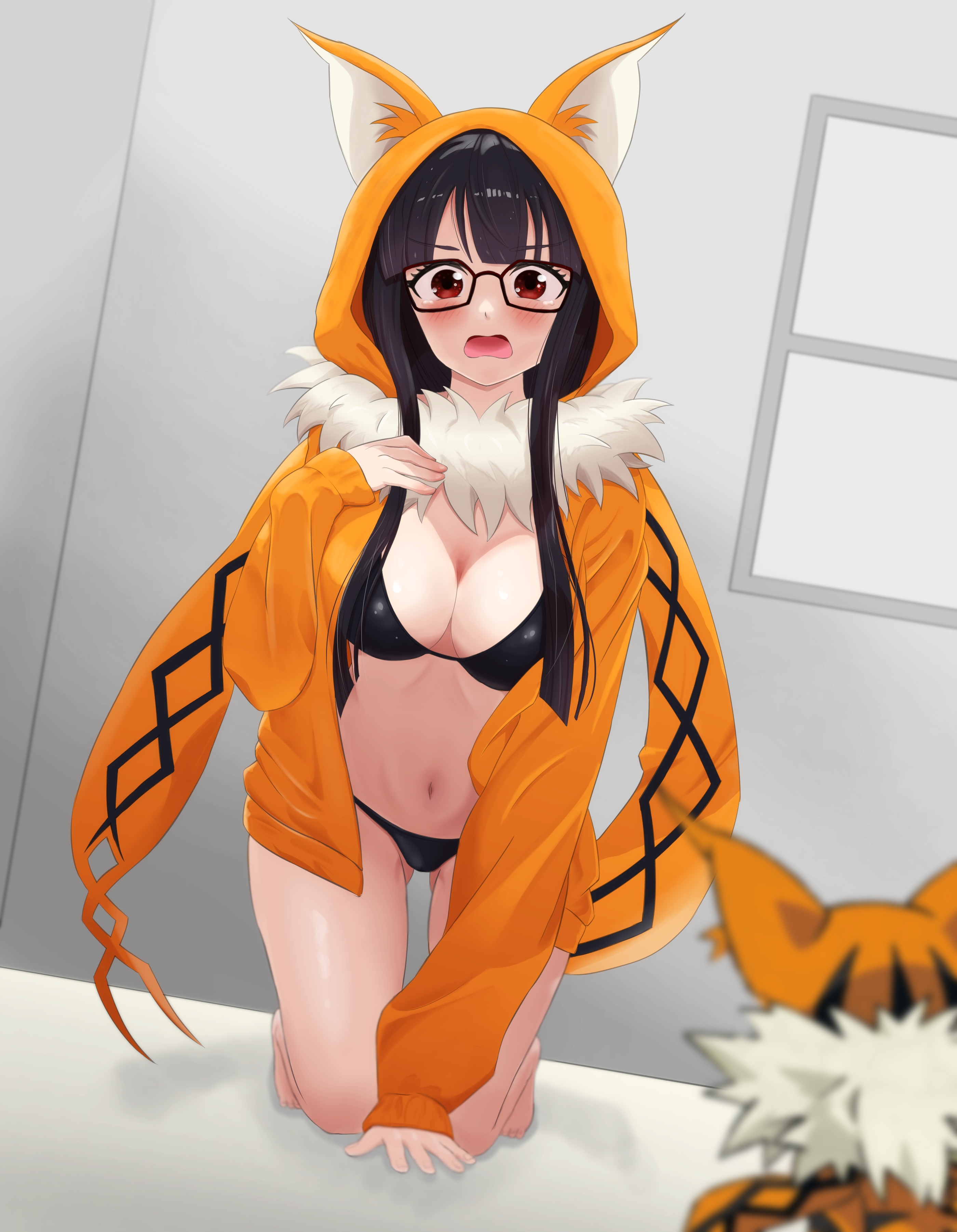 omeka gamma, meicoomon, mochizuki meiko, digimon, 1girl, blush, breasts, digimon (creature), glasses