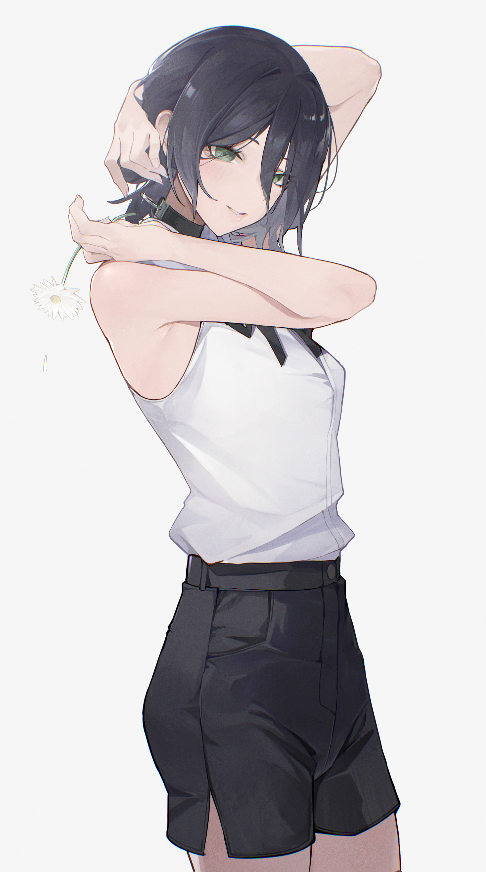 megu (jim48834420), reze (chainsaw man), chainsaw man, absurdres, highres, 1girl, arms up, black choker, black hair, black shorts, breasts, choker, flower, green eyes, grenade pin, holding, holding flower, medium breasts, parted lips, shirt, shirt tucked in, short shorts, shorts, simple background, sleeveless, sleeveless shirt, smile, solo, white background, white shirt