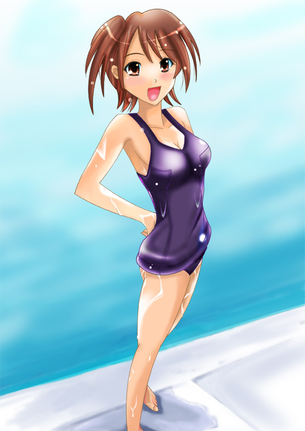 kishida-shiki, akashi yuuna, mahou sensei negima!, bad id, bad pixiv id, 00s, 1girl, brown eyes, brown hair, female focus, hands on own hips, one-piece swimsuit, pool, poolside, purple one-piece swimsuit, purple school swimsuit, school swimsuit, short hair, side ponytail, solo, swimsuit
