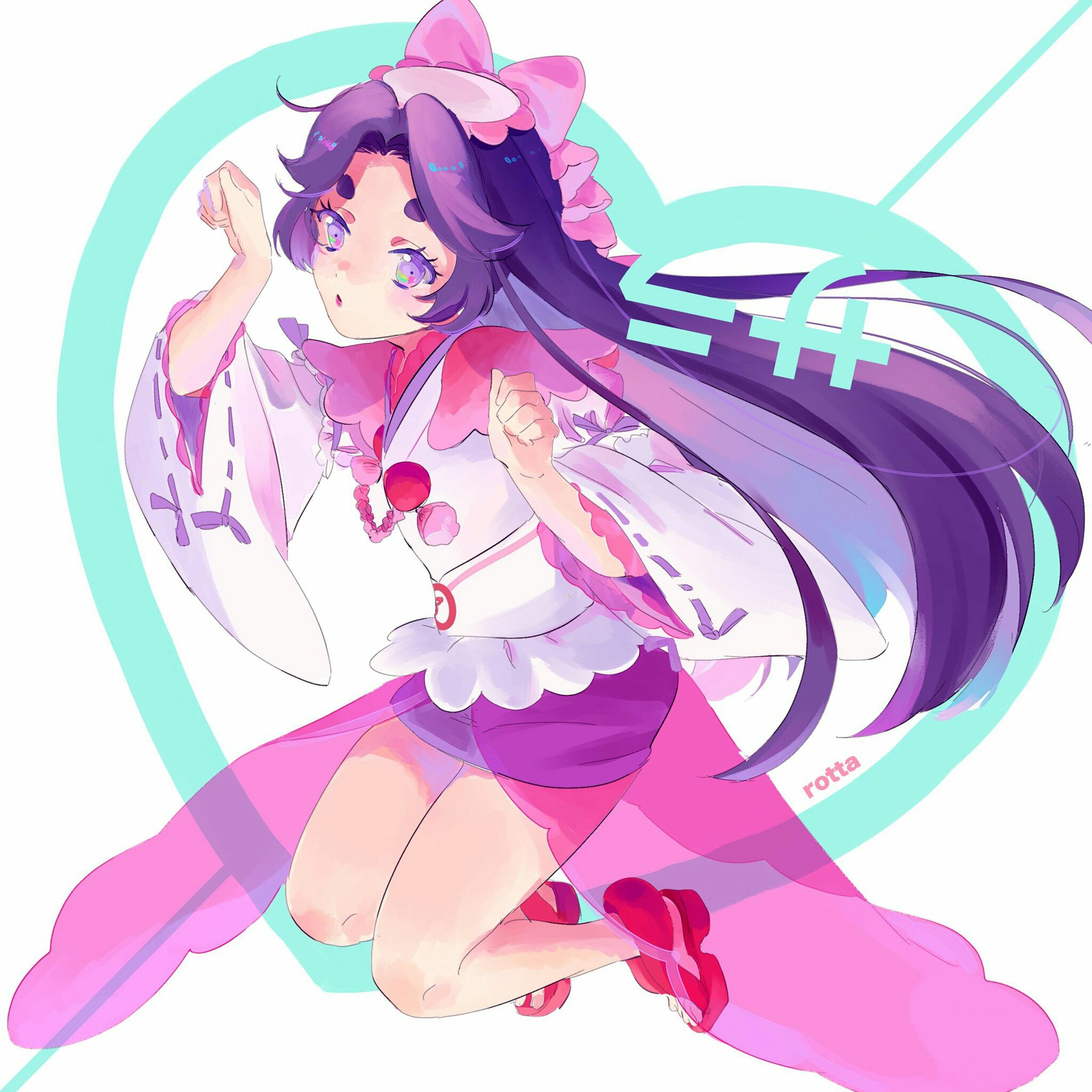 azuma sara, sarazanmai, commentary request, highres, 1girl, eyelashes, full body, japanese clothes, kimono, long hair, parted lips, paw pose, purple eyes, purple hair, sandals, shaaark rotta03, solo, thick eyebrows, very long hair, white kimono, wide sleeves