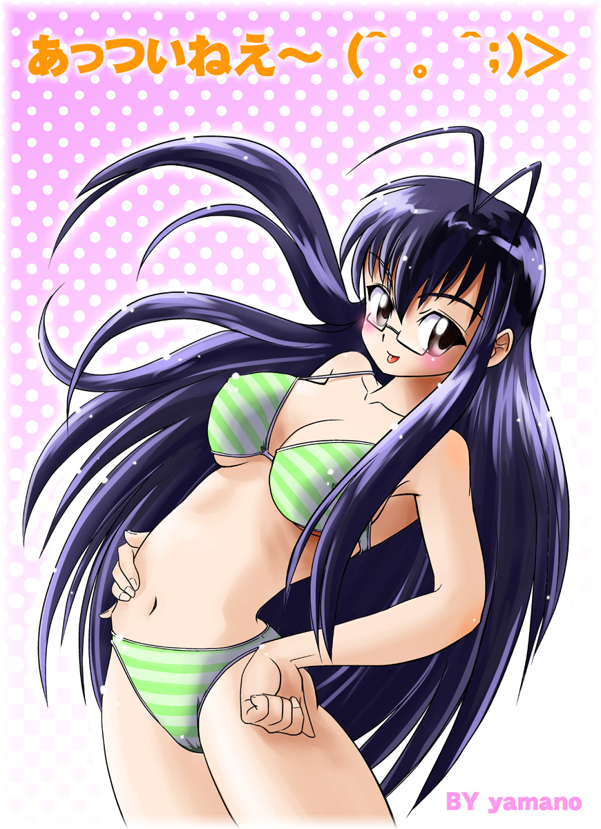 yamano, yamano takashi, saotome haruna, mahou sensei negima!, bad id, bad pixiv id, highres, 00s, antenna hair, bikini, black hair, brown eyes, emoticon, glasses, green bikini, long hair, solo, swimsuit
