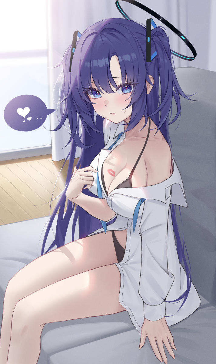 melt (melt out1), yuuka (blue archive), blue archive, highres, 1girl, black bra, black halo, black panties, blue necktie, bra, breasts, cleavage, collared shirt, halo, heart, lipstick mark, lipstick mark on breast, long hair, mechanical halo, medium breasts, necktie, panties, partially open shirt, purple eyes, purple hair, shirt, solo, speech bubble, spoken heart, sweatdrop, thighs, two side up, underwear, undone necktie, white shirt