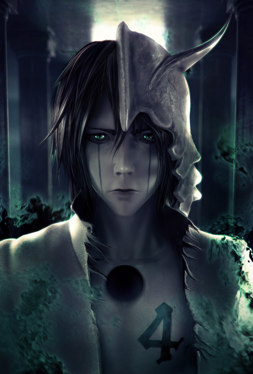 wen jr, ulquiorra cifer, bleach, highres, 00s, 1boy, 3d, arrancar, black hair, colored skin, expressionless, facial mark, green eyes, male focus, number tattoo, realistic, skull, solo, tattoo, torn clothes, white skin