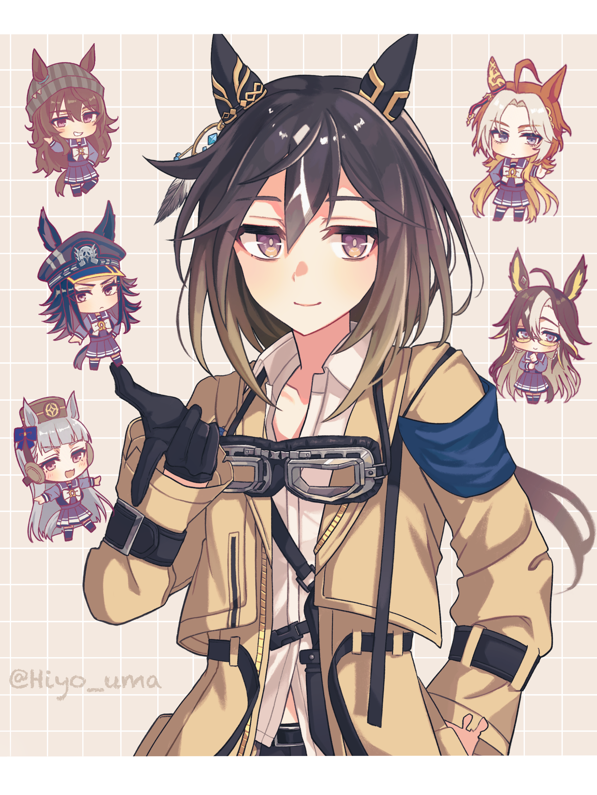 hiyo uma, dream journey (umamusume), fenomeno (umamusume), gold ship (umamusume), nakayama festa (umamusume), orfevre (umamusume), stay gold (umamusume), umamusume, absurdres, commentary request, highres, 6+girls, animal ears, beanie, black gloves, black hair, black hat, border, brown hair, closed mouth, colored inner hair, gloves, goggles, goggles around neck, grey hair, hair ornament, hat, horse ears, horse girl, horse tail, letterboxed, long hair, looking at viewer, multicolored hair, multiple girls, pillbox hat, purple eyes, purple shirt, purple skirt, school uniform, shirt, short hair, skirt, smile, solo focus, stay gold clan (umamusume), striped clothes, striped headwear, tail, tracen school uniform, vertical-striped clothes, vertical-striped headwear, white border, white shirt, white streaks