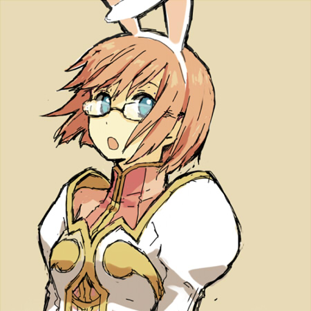 estellise sidos heurassein, tales of (series), tales of vesperia, lowres, 00s, 1girl, animal ears, bespectacled, black-framed eyewear, blue eyes, breasts, dress, fake animal ears, female focus, glasses, long sleeves, looking at viewer, no pupils, open mouth, pink hair, rabbit ears, short hair, simple background, solo, upper body, white dress