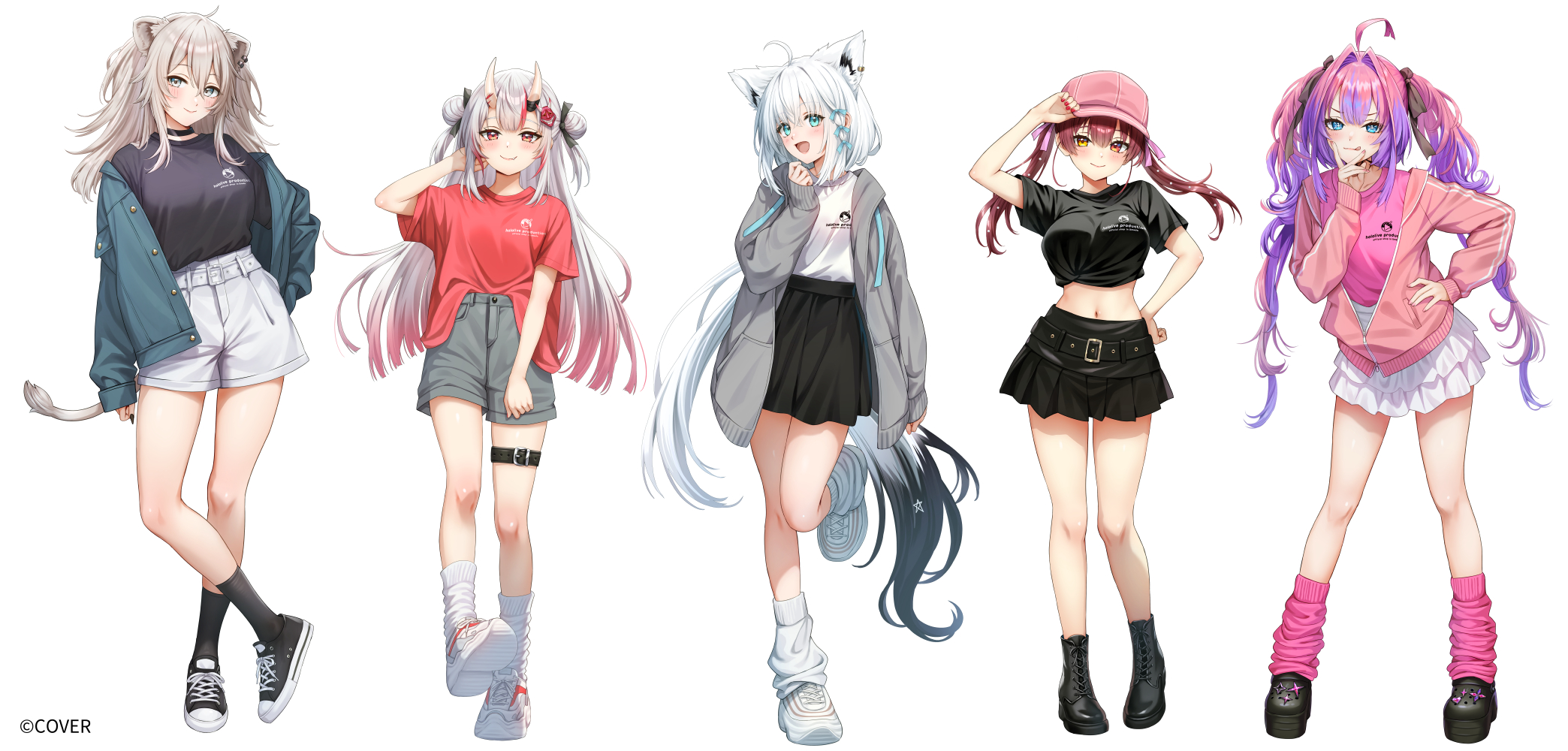 sankuro (agoitei), houshou marine, kikirara vivi, nakiri ayame, shirakami fubuki, shishiro botan, hololive, hololive dev is, highres, official art, 5girls, ahoge, animal ear fluff, animal ears, belt, black boots, black choker, black shirt, black shoes, black skirt, black socks, blue eyes, boots, choker, closed mouth, double bun, fox ears, fox girl, fox tail, full body, green jacket, grey hair, grey jacket, hair bun, hat, heterochromia, horns, jacket, lion ears, lion girl, lion tail, long hair, long sleeves, looking at viewer, loose socks, midriff, multicolored hair, multiple girls, navel, oni, open clothes, open jacket, open mouth, pink hair, pink hat, pink jacket, pink shirt, pink socks, purple hair, red eyes, red hair, red shirt, shirt, shoes, shorts, simple background, skirt, smile, socks, standing, standing on one leg, symbol-shaped pupils, tail, thigh belt, thigh strap, very long hair, virtual youtuber, white background, white hair, white shirt, white shoes, white shorts, white skirt, white socks, yellow eyes