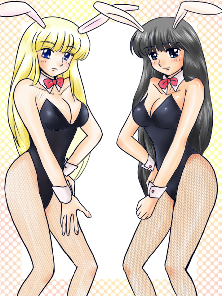 kotsumuji, 2girls, animal ears, black hair, blonde hair, blue eyes, fake animal ears, fishnet pantyhose, fishnets, long hair, multiple girls, pantyhose, playboy bunny, ponytail, rabbit ears