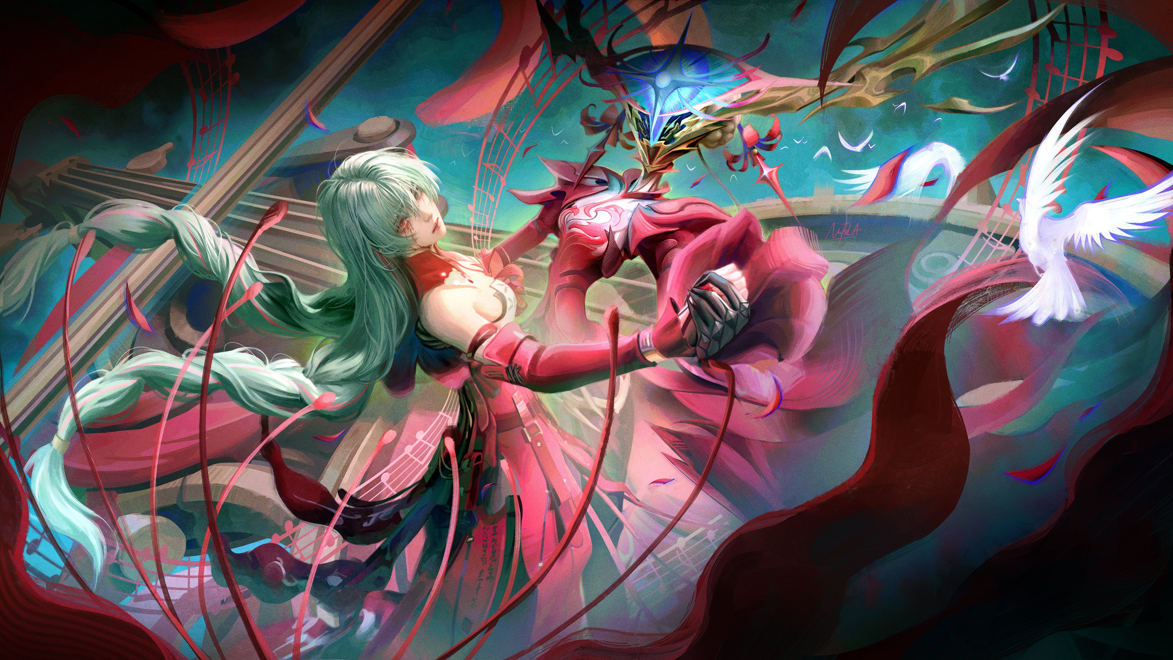 naofaro, phrolova (wuthering waves), wuthering waves, absurdres, commentary, highres, 1girl, bare shoulders, bird, blood, bloody tears, braid, detached sleeves, dress, flower, hecate (wuthering waves), long hair, low twin braids, realistic, red dress, red flower, red petals, red pupils, solo, spider lily, tacet discord (wuthering waves), twin braids