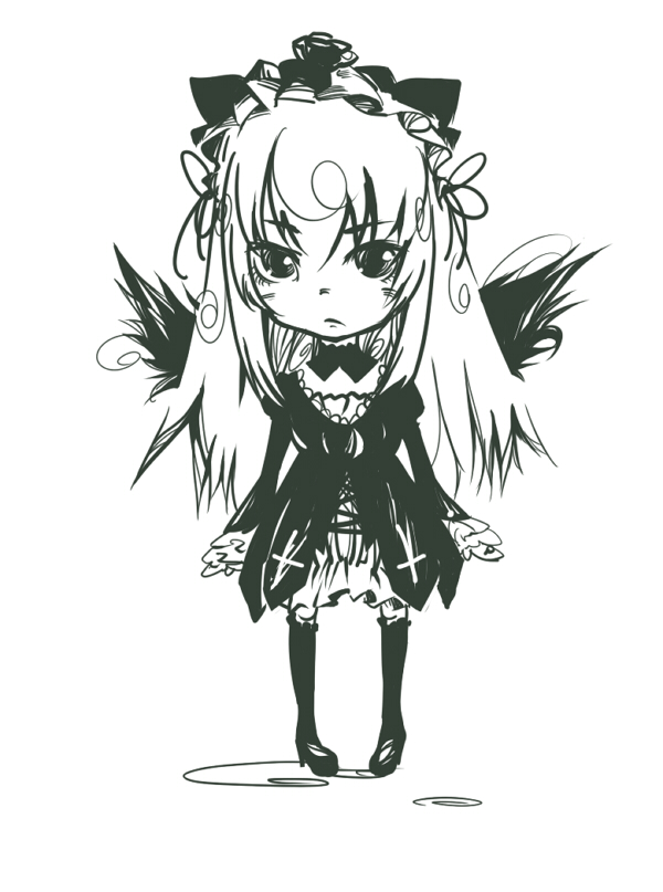 hiroshi (m331hiro), suigintou, rozen maiden, 00s, 1girl, boots, chibi, dress, female focus, frills, greyscale, hairband, long hair, monochrome, solo, wings