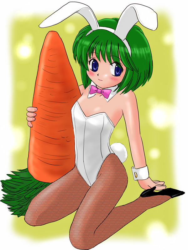 marison (aono107), ultramarine, original, 1girl, animal ears, blue eyes, carrot, fake animal ears, female focus, fishnet pantyhose, fishnets, flat chest, green hair, kneeling, pantyhose, playboy bunny, rabbit ears, short hair, solo