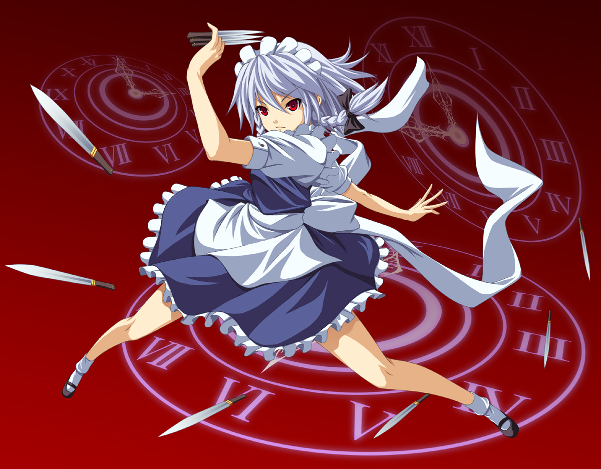 somejima, izayoi sakuya, touhou, silver hair, bad id, bad pixiv id, 1girl, danmaku, female focus, full body, gradient background, knife, maid, ribbon, solo, throwing knife, weapon