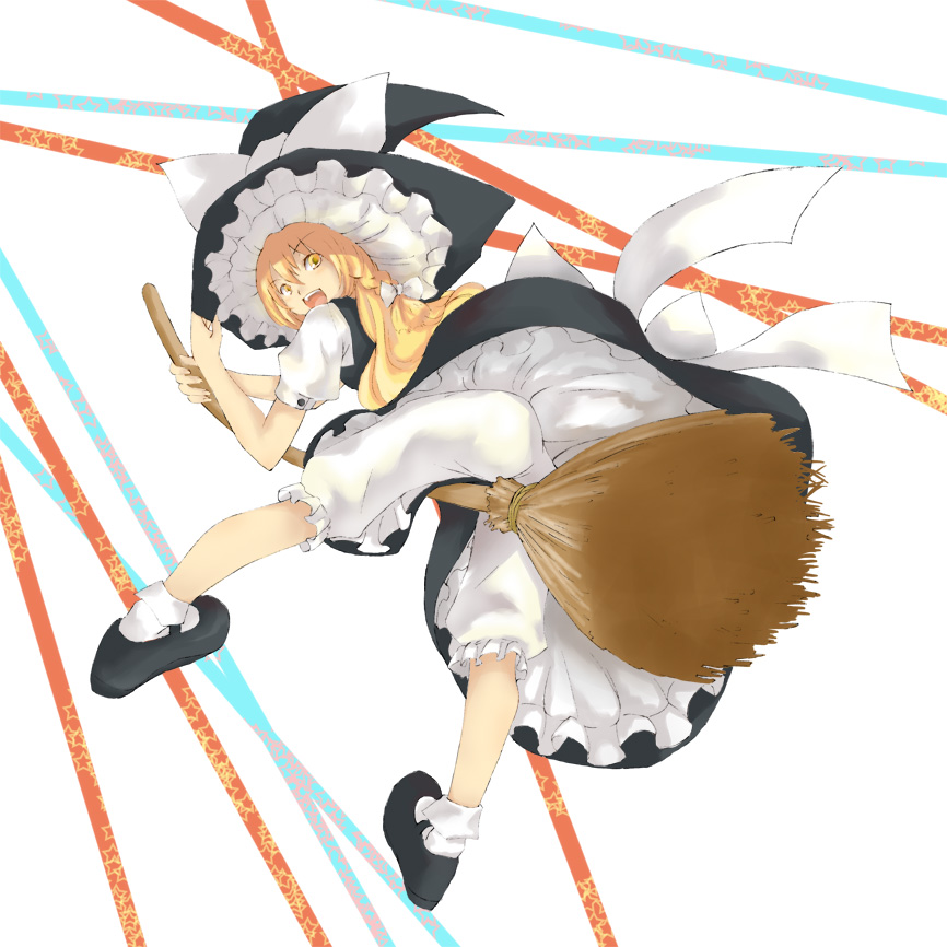 mumulatte, kirisame marisa, touhou, bad id, bad pixiv id, 1girl, blonde hair, bloomers, broom, female focus, full body, hat, long hair, ribbon, solo, underwear, white bloomers