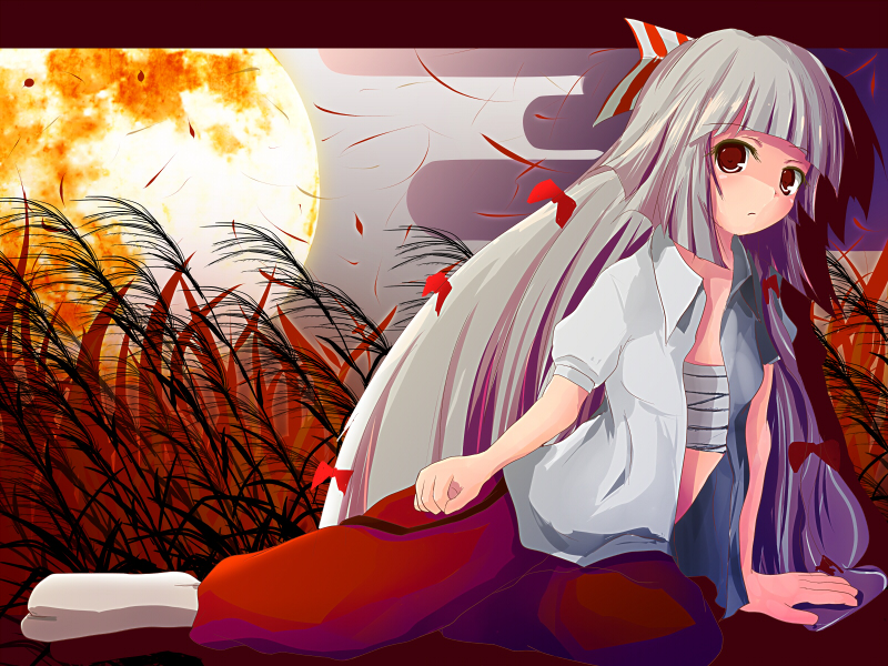 popo (0kyono0), fujiwara no mokou, touhou, silver hair, bad id, bad pixiv id, 1girl, cloud, female focus, full body, long hair, lying, outdoors, plant, ribbon, sarashi, sky, solo