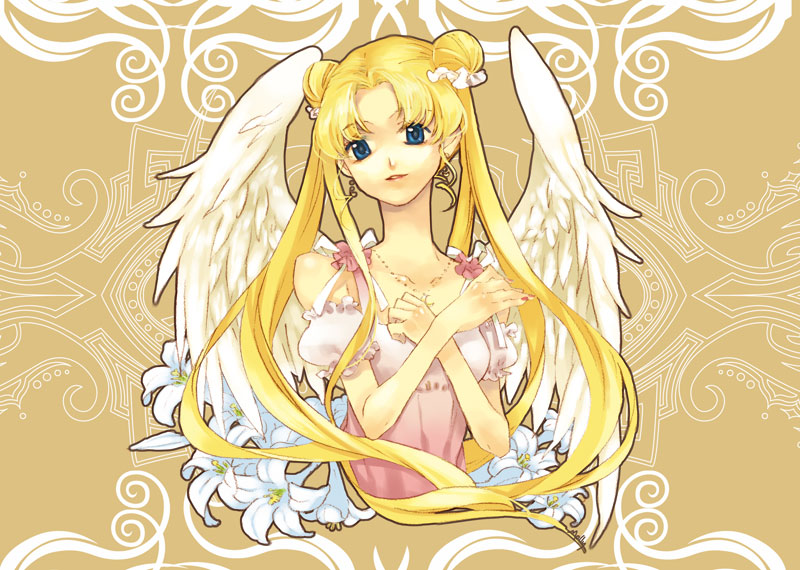 molly, tsukino usagi, bishoujo senshi sailor moon, bad id, bad pixiv id, 1990s (style), blonde hair, blue eyes, double bun, dress, flower, retro artstyle, solo, wings