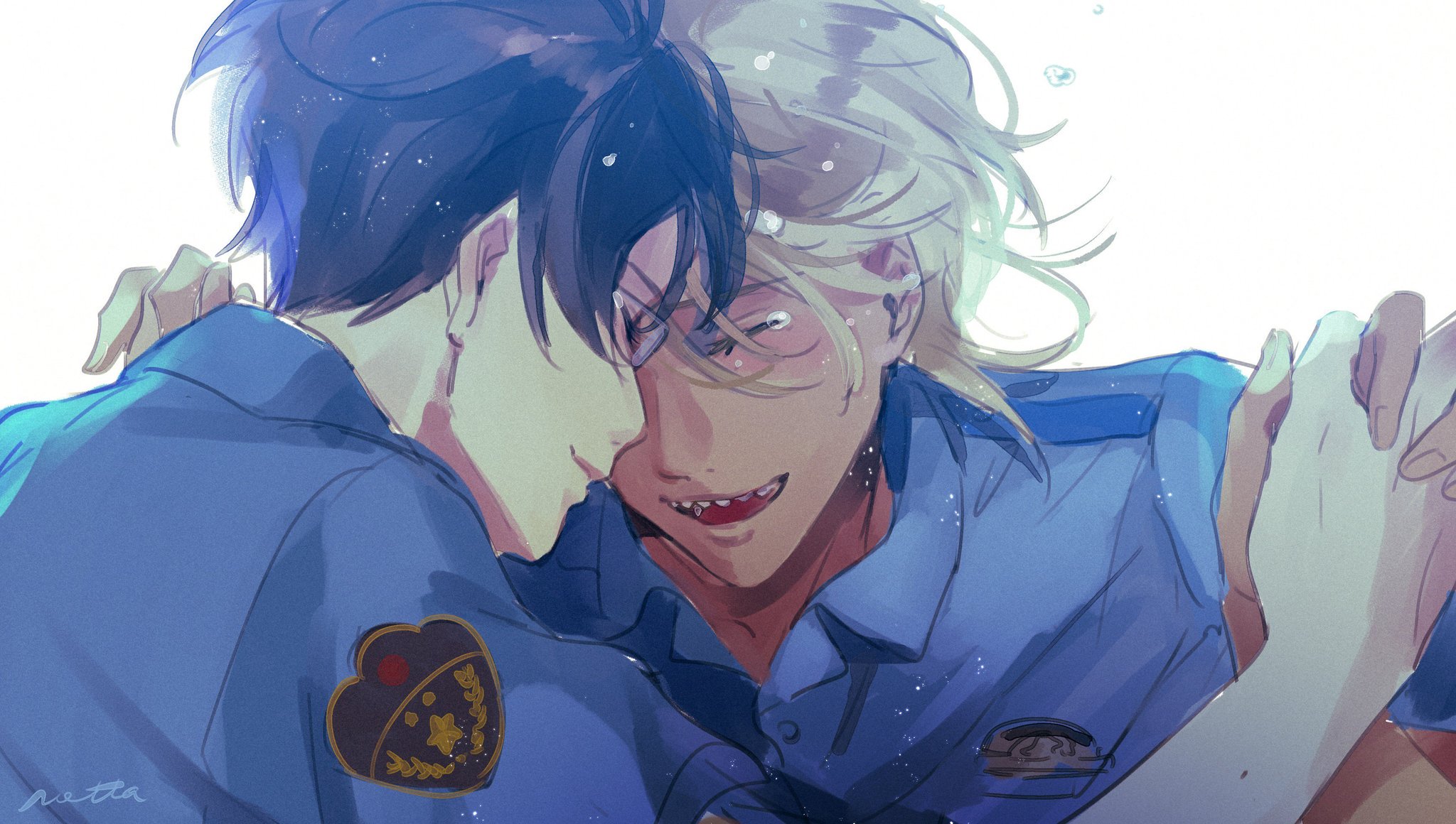 akutsu mabu, niiboshi reo, sarazanmai, commentary request, highres, 2boys, black hair, blonde hair, closed eyes, collared shirt, glasses, holding hands, male focus, multiple boys, open mouth, police, police uniform, rectangular eyewear, shaaark rotta03, sharp teeth, shirt, short hair, short sleeves, tears, teeth, white background, yaoi